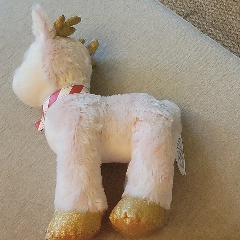 BAB Arctic pink baby reindeer with red & white striped collar. Build A Bear